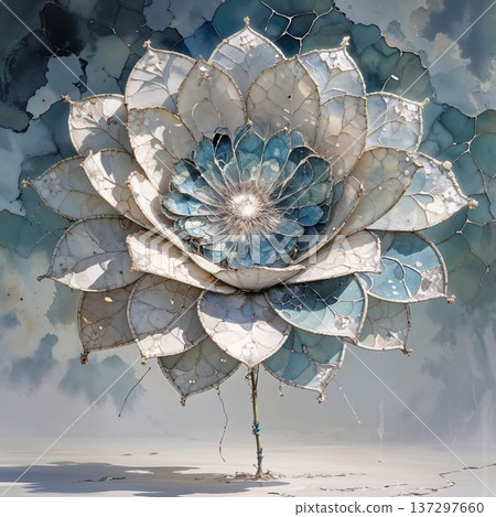 淡色的花朵，藍色的玻璃碎片，馬賽克般的花朵融入天空，中央光線的靜謐焦點 137297660