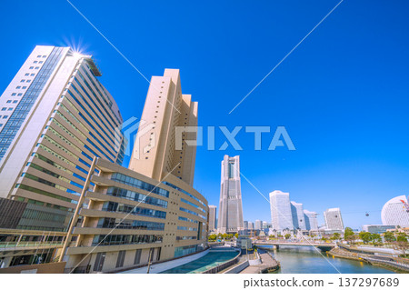 Yokohama cityscape, Japan, March 4th. View of Fuji Soft, the ropeway, Yokohama Landmark Tower, etc. 137297689