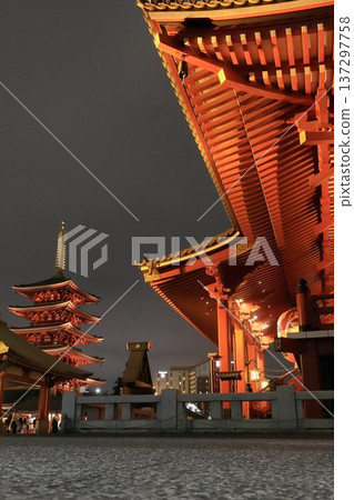 The illuminated Sensoji temple main hall and five-story pagoda The illuminated Sensoji temple main hall and five-story pagoda 137297758