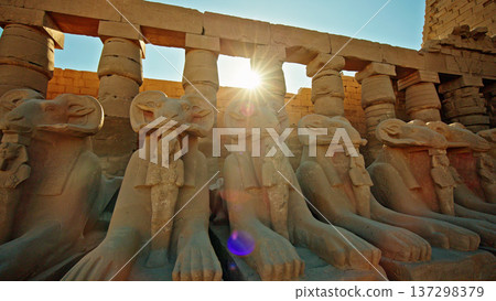 Row of ancient ram-headed sphinx statues in Karnak Temple complex, Luxor, Egypt. Historic Egyptian architecture Row of ancient ram-headed sphinx statues in Karnak Temple complex, Luxor, Egypt. Historic Egyptian architecture 137298379