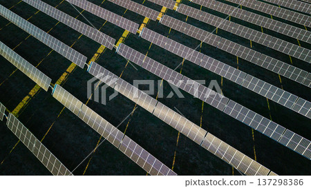 Aerial view of solar power station with diagonal rows of photovoltaic panels producing renewable electricity 137298386