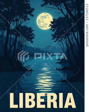 The river in Liberia shows a full moon reflecting on the water. Dark trees frame the sides, and mountains are visible in the background. It is nighttime with a quiet atmosphere. 137298513