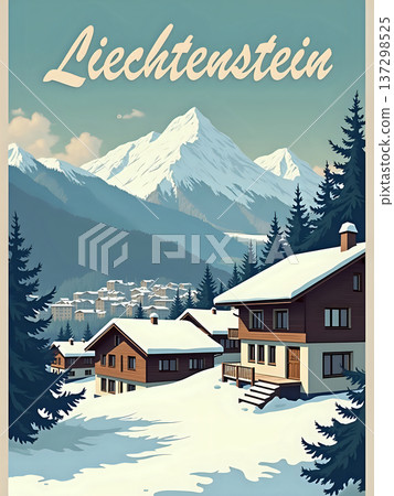 Snow covers houses in a village in Liechtenstein. Mountains rise in the background. Pine trees surround the area. The scene shows a winter day with clear skies and a peaceful setting. 137298525