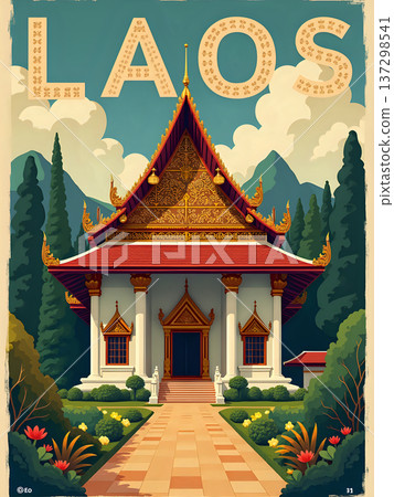 A temple stands in the center of Laos with colorful architecture. Surrounding the temple are trees, mountains, and plants. The clear sky adds to the beauty of this location. 137298541
