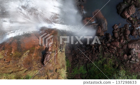 Cassilandia, Mato Grosso do Sul, Brazil - 04 05 2024: Cachoeira do Socorro waterfall aerial view 137298633