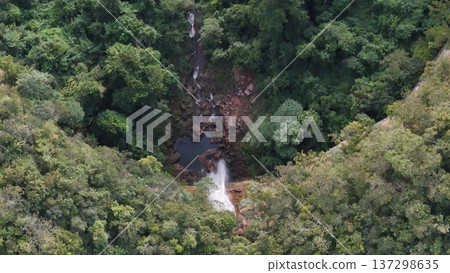 Cassilandia, Mato Grosso do Sul, Brazil - 04 05 2024: Cachoeira do Socorro waterfall aerial view 137298635