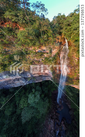 Cassilandia, Mato Grosso do Sul, Brazil - 04 05 2024: Vertical waterfall aerial panorama Cassilandia, Mato Grosso do Sul, Brazil - 04 05 2024: Vertical waterfall aerial panorama 137298653
