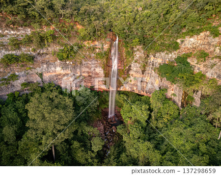 Cassilandia, Mato Grosso do Sul, Brazil - 04 05 2024: Cachoeira do Socorro waterfall aerial 137298659