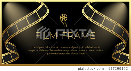 Luxury film frame with golden film strips on black background and spotlights. Movie film premiere banner. Vector illustration Luxury film frame with golden film strips on black background and spotlights. Movie film premiere banner. Vector illustration 137299122