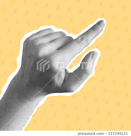 Halftone female hand with pointing index finger. Realistic pointing hand, scrolling hand on yellow background. Vector illustration 137299131