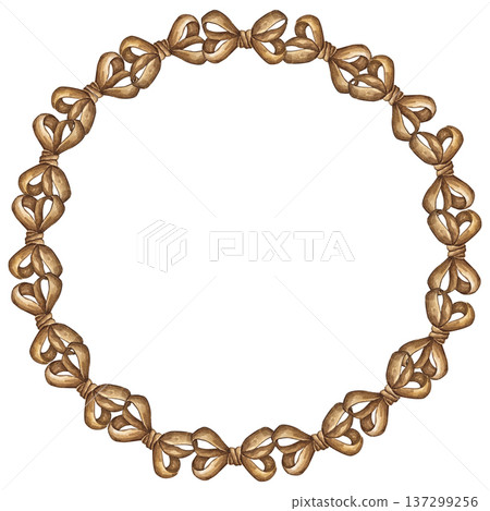 Watercolor illustration of a circular frame made of coquette bows. Cute hand drawn design, perfect for Valentines Day cards, invitations, posters. 137299256