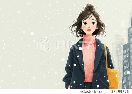 一位職業女性走在白雪皚皚的城市中 | 冬季通勤和辦公室生活的圖片 137299276
