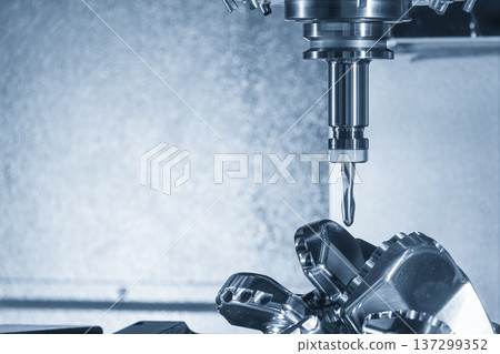 Simultaneous 5-axis CNC milling of a complex oil industry drilling bit head using a solid carbide ball nose end mill tool. Simultaneous 5-axis CNC milling of a complex oil industry drilling bit head using a solid carbide ball nose end mill tool. 137299352