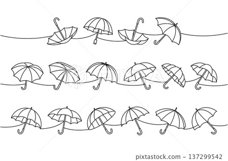 Minimalist linear outline of umbrellas in three rows on wavy lines, abstract black contour illustration of rain accessories Minimalist linear outline of umbrellas in three rows on wavy lines, abstract black contour illustration of rain accessories 137299542