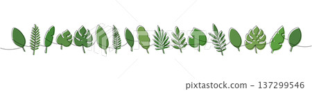 Continuous line art of assorted tropical leaves with green fill. Minimalist botanical illustration for modern design Continuous line art of assorted tropical leaves with green fill. Minimalist botanical illustration for modern design 137299546