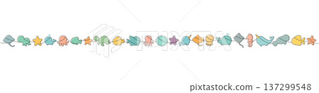 Long one-line illustration of assorted cute sea animals. Colorful minimalist marine silhouettes for banners and decor Long one-line illustration of assorted cute sea animals. Colorful minimalist marine silhouettes for banners and decor 137299548