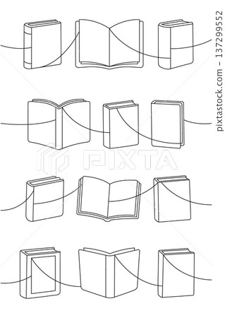 Outlined books in various positions connected by a flowing line. Modern book collection art 137299552