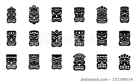 Fierce tiki masks with angular crown details and bold expressions. Vector Polynesian tribal faces illustration for tattoos, cultural art and festival themes 137299554