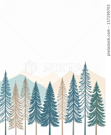 Stylized Forest with Mountain Range in Soft Pastel Colors on a White Background 137299703
