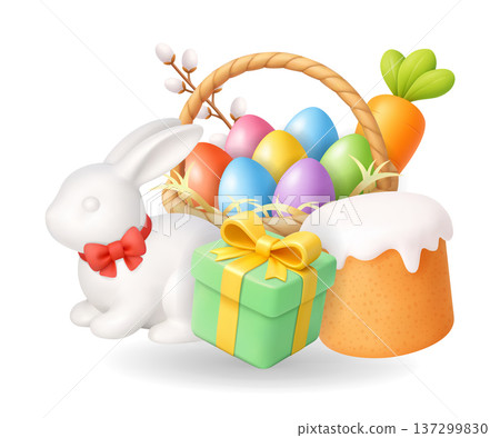 Easter illustration with bunny, cake, gift box and basket of colorful eggs. 3D realistic spring holiday illustration 137299830