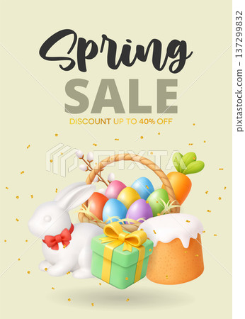 Spring sale Easter banner with bunny, gift box, cake and colorful eggs. 3D realistic holiday discount illustration 137299832