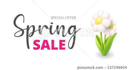 Spring sale special offer banner with white daisy flower. Seasonal promotion template with fresh floral illustration Spring sale special offer banner with white daisy flower. Seasonal promotion template with fresh floral illustration 137299934