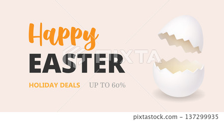 Happy Easter holiday deals banner with cracked egg shell. Spring seasonal promotion template with minimal pastel design 137299935