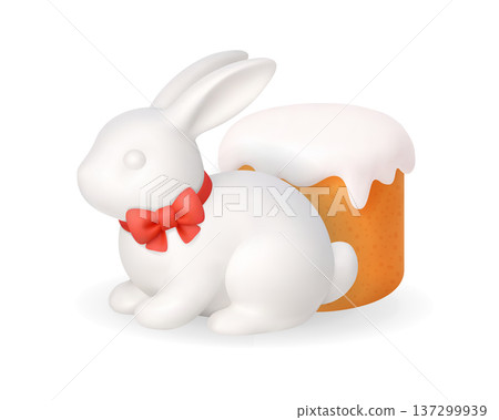 Easter bunny with red bow and festive cake. 3D spring holiday illustration 137299939