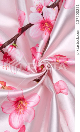 Swirling Pink Silk Fabric with Cherry Blossom Pattern for Textile Design 137300231