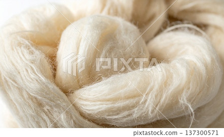 Pile of Cream Wool Yarn Threads a Delicate Texture in Macro Shot Soft Fabric Background 137300571
