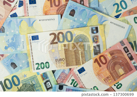 Background of cash money with 10, 20 and 100 Euro bills. 137300699