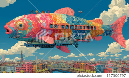 一艘巨大的魚形飛艇飛過一座色彩柔和的城市。 137300797
