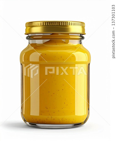 Glass Jar Filled With Yellow Food Preserved Under Golden Lid on White 137301103