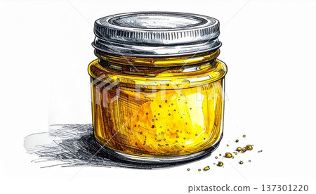 Watercolor Illustration of Golden Yellow Substance Inside Glass Jar with Silver Lid Isolated on White 137301220