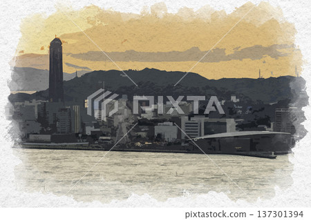 關門海峽和下關日落的水彩畫，您好！北九州唐戶橫丁，福岡縣 137301394