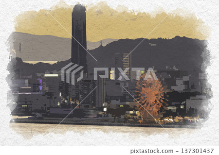 水彩畫描繪了黃昏時分關門海峽和下關的景色，地點位於福岡縣北九州市海峽夢幻塔。 137301437