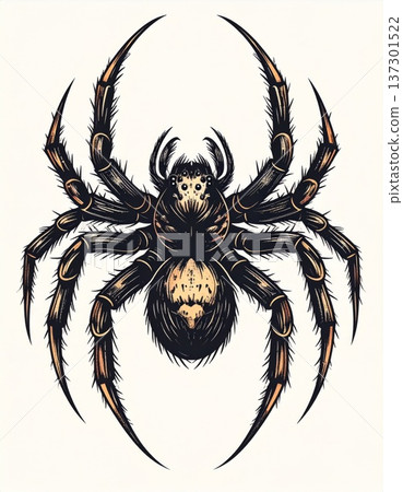 Detailed Pointillist Depiction of a Spider with Black and Yellow Markings on a White Background 137301522