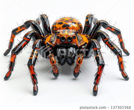 Detailed Macro Shot of a Vibrant Orange and Black Spider on White Background 137301568
