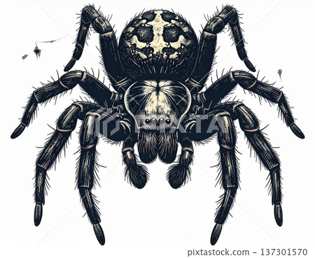 Detailed Insect Drawing of a Dark Spider on a White Background Close Up Illustration with Intricate Textures 137301570