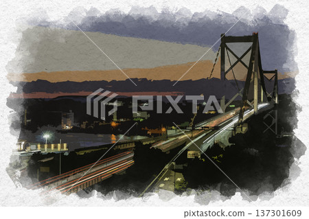 Watercolor painting of Kanmon Bridge at dusk, Kitakyushu City, Fukuoka Prefecture 137301609