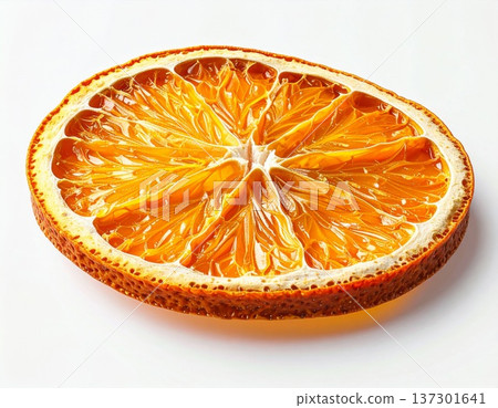 Dried Orange Slice on White Background Illuminated with Soft Lighting for Food Photography and Still Life 137301641
