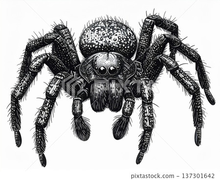 Detailed Black and White Ink Drawing of a Spider with Hairy Legs on White Background Close Up View 137301642