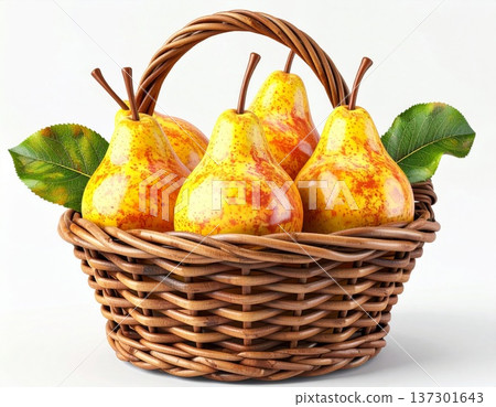Rustic Wicker Basket Overflowing with Fresh Yellow Pears and Green Leaves 137301643