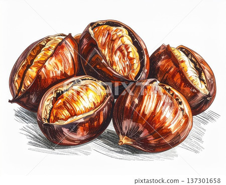 Pile of Roasted Chestnuts with Golden Brown Shells and White Background Illustration 137301658