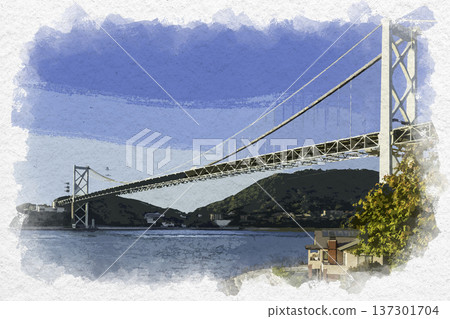 Watercolor painting of Kanmon Bridge, Kitakyushu City, Fukuoka Prefecture 137301704