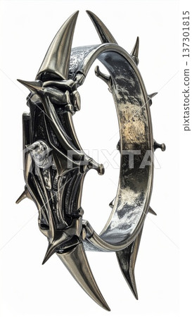Close Up of Spiked Silver Collar with Intricate Metalwork Isolated on White 137301815