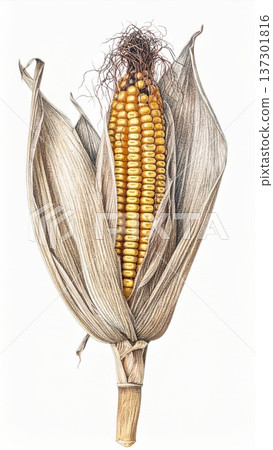 Isolated Corncob Detailed Botanical Illustration with Dried Leaves in White Background 137301816