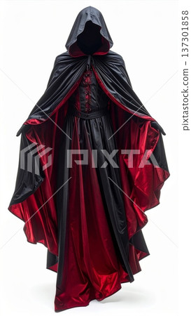 Black Hooded Cloak with Red Lining Full Length Gown Costume Isolated on White 137301858