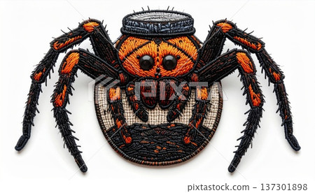 Detailed Beaded Spider with Orange and Black on White Background Art Decoration 137301898