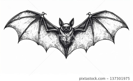 Detailed Line Drawing of Bat with Wings Spread Isolated on White Background Detailed and Intricate 137301975